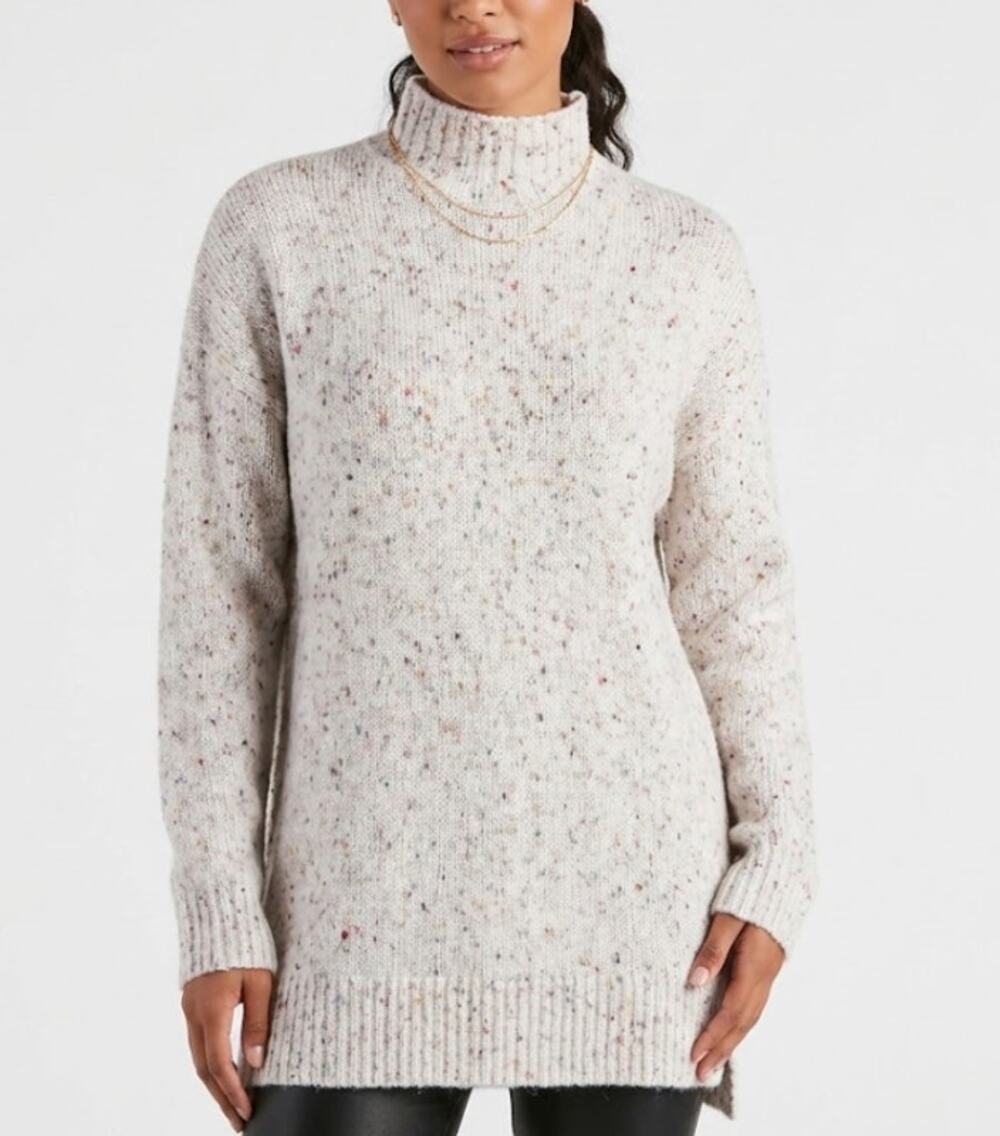 CUPIO Speckled Mock Neck Sweater Relaxed Fit Pullover White Multi Womens Size L